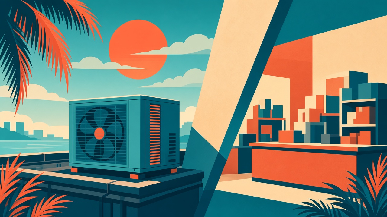 Florida-inspired HVAC shop and condenser under the sun — illustration for HVAC This Week
